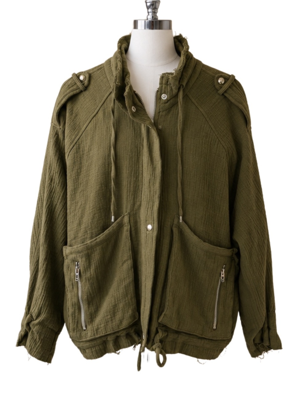 BLANKNYC Olive Green Jacket Size Medium Crinkle Full Zip Raw Hem